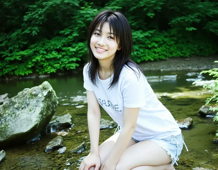 A professional photograph of a serene young woman enjoying a natural outdoor setting. She has medium-length dark hair styled loosely, slightly damp, adding a fresh and natural touch. She is dressed in a simple yet elegant outfit consisting of a loose white...