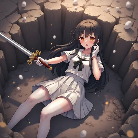   knight ，Tears overflow、Crying face、金髪のロングヘアの anime girl ，white short-sleeved school uniform ，  white pleated skirt， white gloves ， white pantyhose ，Holding a sword of thunder in her right hand ,whole bodyが見える, she's seriously injured  , A fight between a...