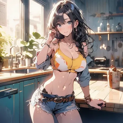 "Full-body anime kawaii character, beautifully detailed eyes and lips, long eyelashes, soft and elegant expression. A young woman with a slender and graceful figure, wearing a perfect, sexy and elegant thicc body nice abs, large breasts and butt. Her face ...