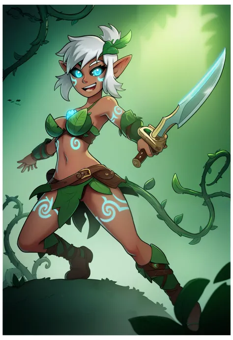 a young woman with slender curves and dark skin. She has curly white hair and sharp elven ears. Her intense blue eyes have black sclera, adding a striking contrast. She wears leaf armor. She is standing in a battle ready position wielding a sharp verdant g...