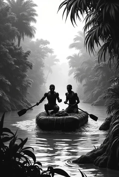 Black and white comic vignette of a skyshot of two black men fleeing on a raft in the middle of the jungle