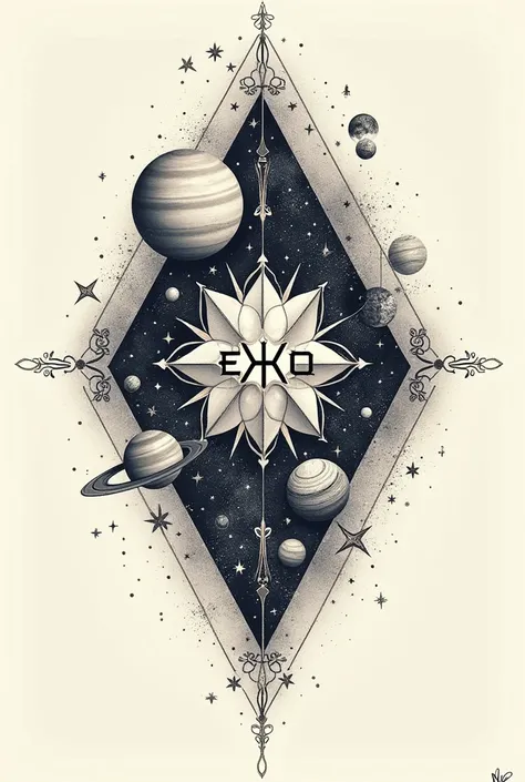  A tattoo decal that brings together the EXO group, The universe and a symmetrical and delicate pattern 