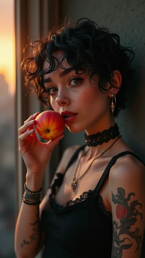 ((RAW Photo), absurd, (absurdresolution)), masterpiece, best quality, (Extremely detailed 8k unity CG wallpaper), (best illustration), (best shadow), Realistic lighting, beautiful detailed glow, ((18 years old)), accessories, peach in hand, Turkish girl, p...