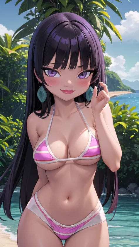    masterpiece of the body  ,    best quality,
 a girl, Chel,  cabello negro,    long hair,    blunt bangs   , violet eyes,    dark skin,    lipstick   , bikini,
   smile, blush, Alone ,    looking at the spectator, Mar, arena, cielo azul,    tropical isla...