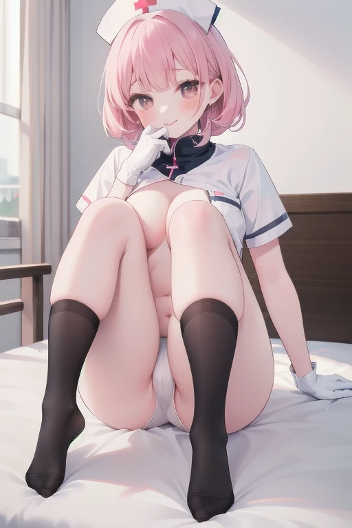  1 girl , Nurse, Nurse cap,  white clothes together, (( black socks ,  Absolute Realm )),  White Gloves ,   pink hair,   Relaxed eyes , ((Cover your nose)), ((Ward)), sharp outline  , Short sleeve,   Best Quality  ,  masterpiece，Meat quality，   with brown ...