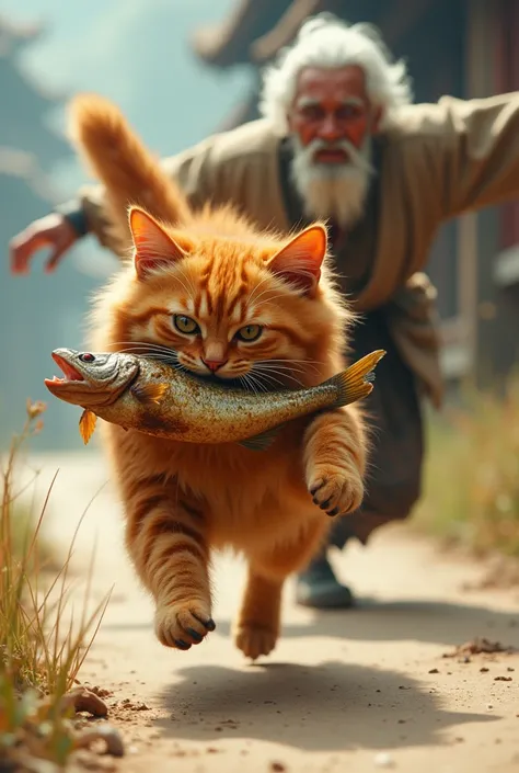 A shaggy orange cat ran quickly, holding a rather large fried fish in its mouth. The cat looked excited, with its tail held high, and its hind legs jumping up and down. Behind the cat, there was an old man with white hair and a slightly irritated face, wea...