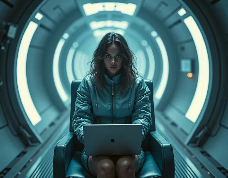  Woman sitting in a chair with a laptop in her lap,  in a science fiction movie , Zoe Kravitz futuristic astronaut,  from a 2019 8K science-fiction movie , Zoe Kravitz as an astronaut,   powerful woman sitting in space  , altered carbon style,  in a futuri...