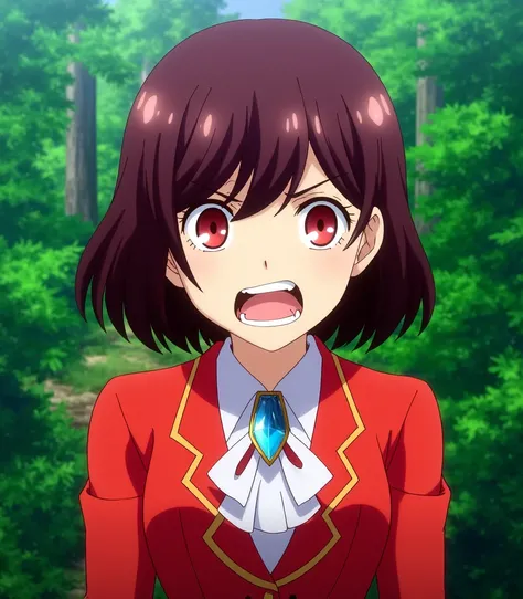 ra3 ,  of a girl with short brown hair, red eyes with an angry face showing teeth and with a red jacket with a brooch with an open mouth in the middle of a forest, " anime style" 