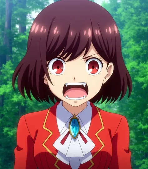 ra3 ,  of a girl with short brown hair, red eyes with an angry face showing teeth and with a red jacket with a brooch with an open mouth in the middle of a forest, " anime style" 