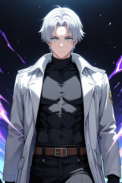 BEST QUALITY, ULTRA DETAILED, HIGH DEFINITION, INTRICATE DETAILS, PERFECT BODY, MALE, PERFECT ANATOMY, ALONE, 1boy, , medium-short hair, bangs on the forehead, light cyan eyes, silver hair, toned, thin, well built body. Loose black pants, brown belt, tight...