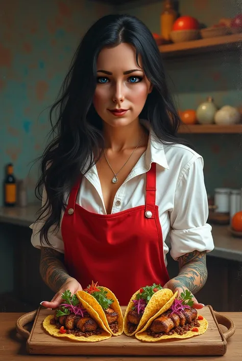  beautiful woman ,  vibrant blue eyes, cabello negro, tattoos on arms, red apron costume,  white shirt, Making tacos de trompo,  masterpiece, 4k, realism.