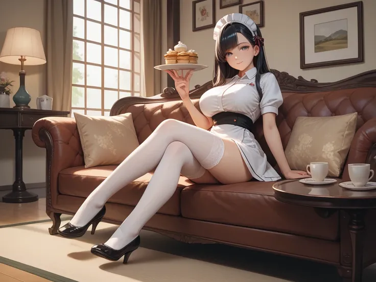 g
master piece,best quality,ultra detailed, highres,full body,Japanese woman with long black hair  , Big Breasts,The cute anime Waifu is wearing Kobeya waitress clothes,stockings,Western-style room,lie on sofa