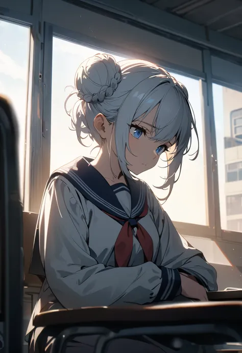 A woman, sitting alone in a classroom by the window, blue eyes, white hair, double bun hair, school uniform, meditating, high details, best resolution, cinematic lighting