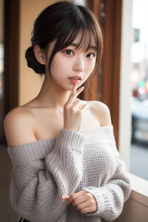 23 years old. Japanese girl. off-shoulder knit. Finger in front of mouth.