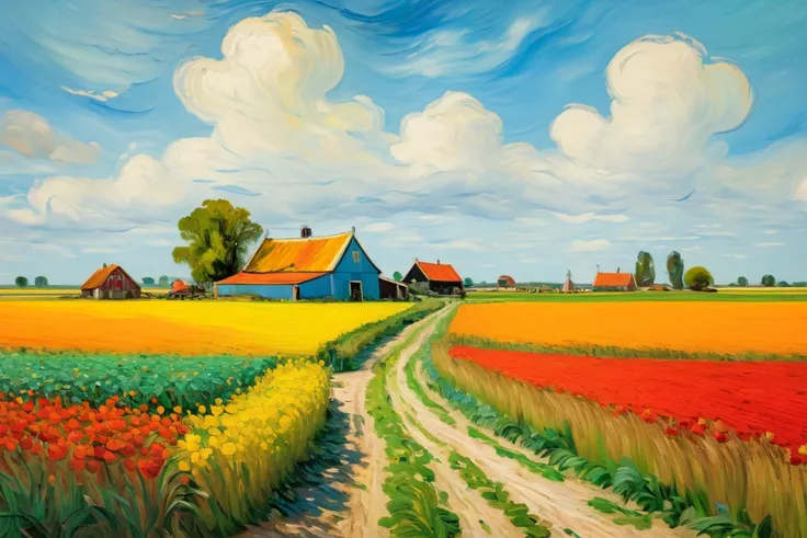  oil painting, Of a Dutch farm from 1876, soft spots and artistic blur , yellow,  Sky Blue , red, orange, green,  masterpiece, Detail, van gogh style. 4k. 