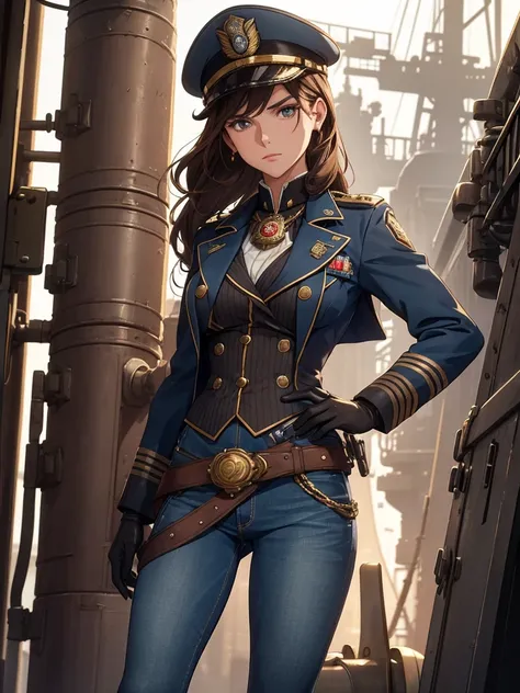 An elegantly shaped, full-bodied young woman in an industrial environment with steampunk style.  She wears a formal military uniform in a dark gray color ,  decorated with intricate gold details ,  such as buttons and ornamental embroidery .  Fitted jacket...