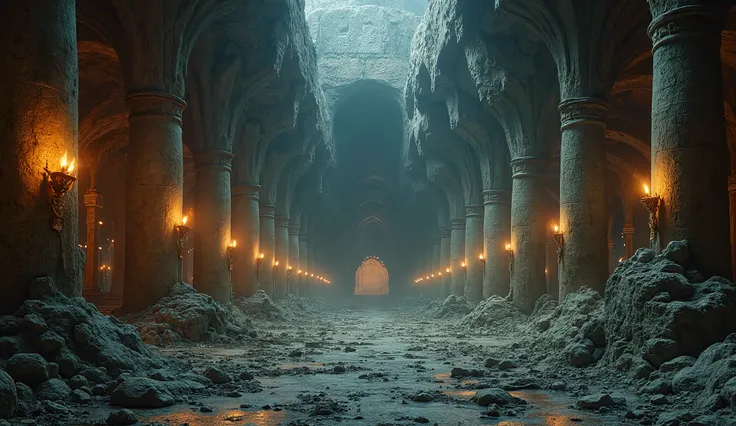 erebor, khazad dum dim torchlight, brutalist, deco, moria, abandoned under ground dwarven city, 