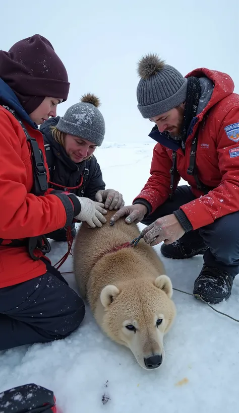 The team works in unison to treat the cub’s wounds. The medic uses bandages and a hydration pack while the animal specialist stabilizes the cub’s body with supportive straps. The climber holds the ice floe steady with an anchor line. The cub’s injuries are...