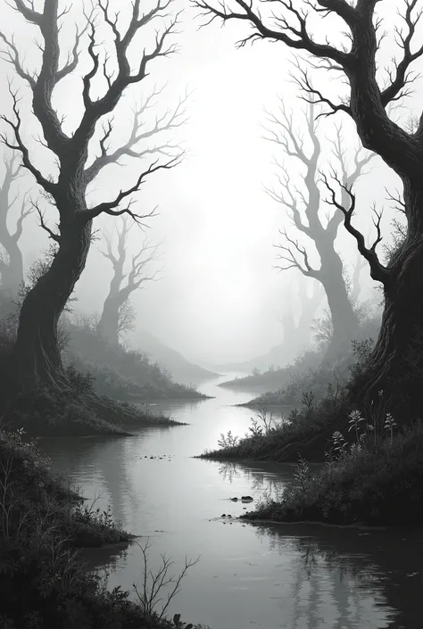 create a mystical illustration that is a landscape without any characters, that represents some Plains of the Swamp, placing emphasis on black and white tones