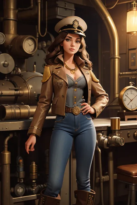 An elegantly shaped, full-bodied young woman in an industrial environment with steampunk style.  She wears a formal military uniform in a dark gray color ,  decorated with intricate gold details ,  such as buttons and ornamental embroidery .  Fitted jacket...