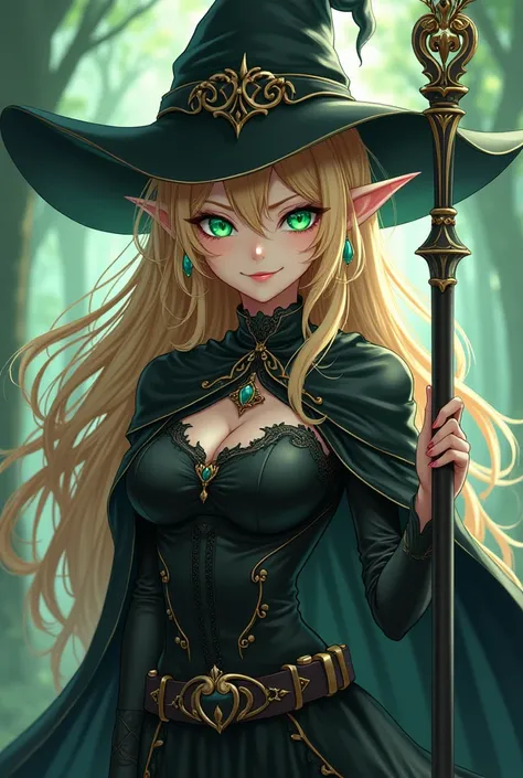 ( maximum quality,  best quality,  official art ,  Beautiful and aesthetic:1.2) female, Crazy anime elf ,  Long blond hair ,  green eyes,  perverse smile ,  Witch's hat,  wearing a black cape ,  witch clothes and pants ,  wielding a divine magic staff, bla...