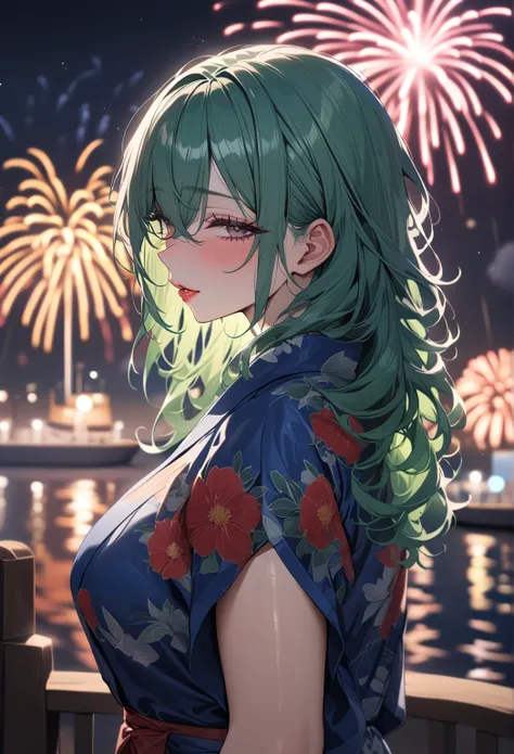 1girl,solo,super detailed skin,shiny skin,natural face ,half open eyes,eyelashes,lips gloss,green hair blue hair tip ,crossed bangs,messy hair,large breasts,red floral printed blue yukata ,night harbor,fireworks ,cowboy shot,masterpiece,best quality,ultra ...