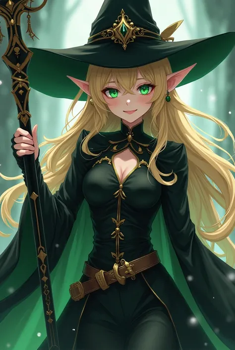 ( maximum quality,  best quality,  official art ,  Beautiful and aesthetic:1.2) female, Crazy anime elf ,  Long blond hair ,  green eyes,  perverse smile ,  Witch's hat,  wearing a black cape ,  witch clothes and pants ,  wielding a divine magic staff, bla...