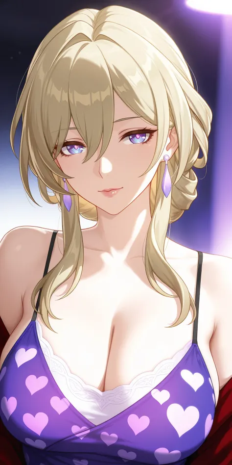 masterpiece, best quality, mature woman, milf, blonde hair, chignon hair, camisole, honkai: star rail cg style, upper body, dynamic lighting, purple colour costume,lips and heart printed pattern using costume, attractive design 