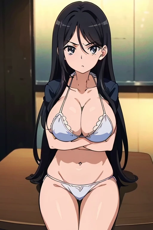 ((masutepiece, Best Quality, High resolution, anime screen cap, anime colours, in 8K, anime keyvisual)):1.5, fukiyose, 1girl in, Cute, blush, (Long Black Hair:1.5), 14years, (Oversized large sagging breasts:1.5), cleavage, ((White Micro Bikini:1.5, Thin fa...