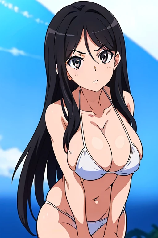 ((masutepiece, Best Quality, High resolution, anime screen cap, anime colours, in 8K, anime keyvisual)):1.5, fukiyose, 1girl in, Cute, blush, (Long Black Hair:1.5), 14years, (Oversized large sagging breasts:1.5), cleavage, ((White Micro Bikini:1.5, Thin fa...