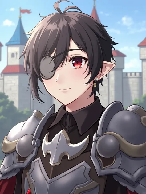 Anime Style, Male, red eyes, earrings, steel armor, pointed ears, smiling, outside castle, petite body, eye patch