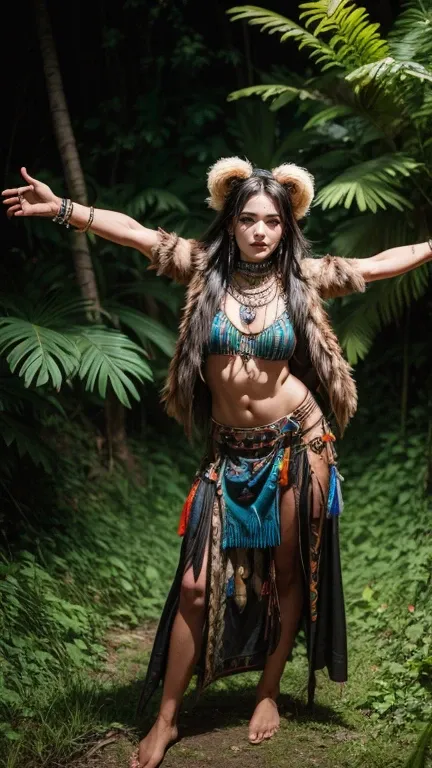 ( best quality, 4K, 8k,  High resolution little bear,  masterpiece: 1.2),  extremely detailed: 1. 4 of an indigenous shaman dancing around a jungle bonfire at night .  The indigenous shaman's movements are euphoric and her facial expression is also euphori...