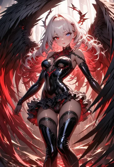 ultra detailed, absolutely resolution, masterpiece. 
various iridescent color effects. 
cool beauty black winged fallen angel, fluffy loose curls shining glossy silky ivory hair, captivating eyes, heterochromia, red crimson lewd lips, sexy beauty expressio...