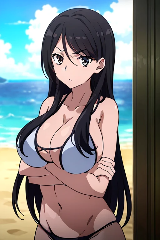 ((masutepiece, Best Quality, High resolution, anime screen cap, anime colours, in 8K, anime keyvisual)):1.5, fukiyose, 1girl in, Cute, blush, (Long Black Hair:1.5), 14years, (Oversized large sagging breasts:1.5), cleavage, ((White Micro Bikini:1.5, Thin fa...