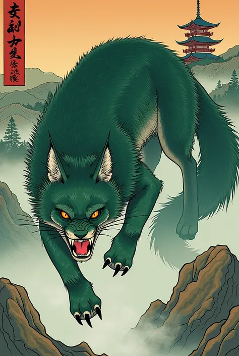 Ukiyo-e: green yōkai hybrid with the characteristics of a wolf and lynx 