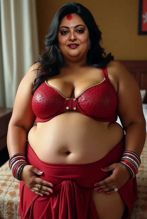 Kerala bold fat plus size bhabhi, huge figure, massive, chubby, voluptuous belly, red bindi on forehead, red and white bangles in both hands, chubby hands and thick, thick, leather lingerie, bbw, large breast, breast size large, deep cleavage, bold exotic ...