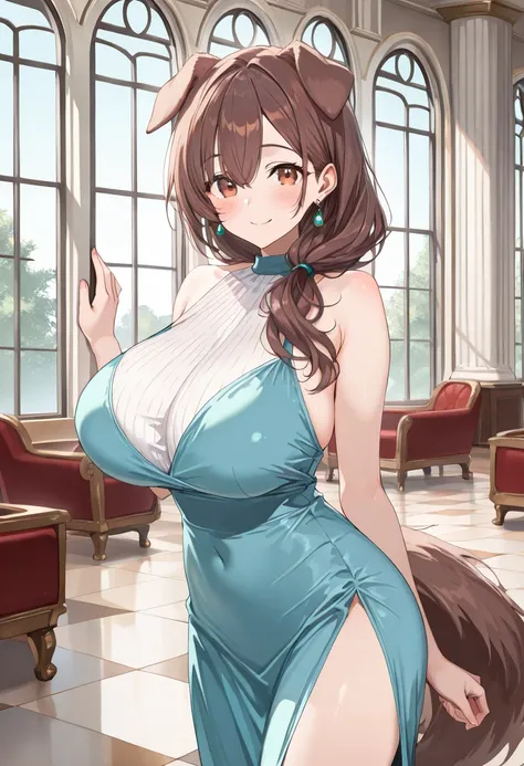 ( best quality , 8k , masterpiece , incredibly absurdres , beautiful woman , perfect body , super detailed skin , highly detailed eyes and face , 1 person ) , Inugami King , original hair color ,  brown hair  ,  dog ear , smile ,  will be happy , ( High Sl...