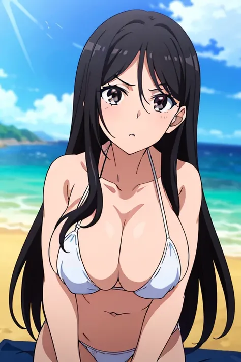 ((masutepiece, Best Quality, High resolution, anime screen cap, anime colours, in 8K, anime keyvisual)):1.5, Blow mailing, 1girl in, Cute, blush, (Long Black Hair:1.5), 14years, (Oversized large sagging breasts:1.5), cleavage, ((White Micro Bikini:1.5, Thi...