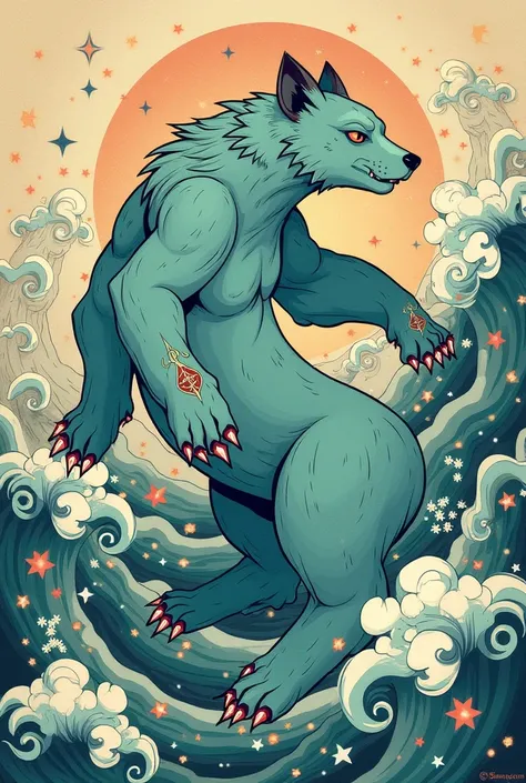 Ukiyo-e: teal yōkai hybrid with the characteristics of a polar bear and serval 