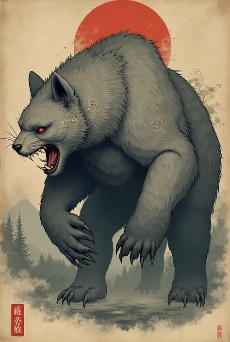 Ukiyo-e: gray yōkai hybrid with the characteristics of a grizzly bear and cougar 