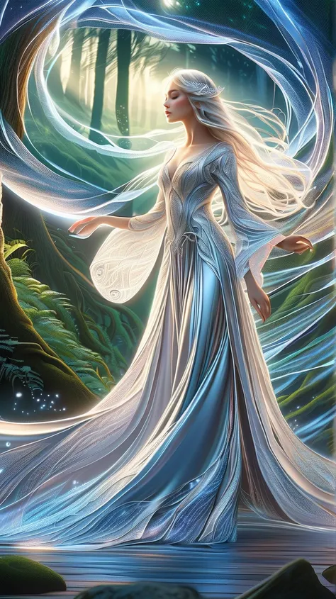 (  best quality,4K,8k,  high resolution,masterpiece:1.2),   More details, ( exist,photo exist,photo- exist:1.37),  magical forest  ,   wrapped in moonlight through her canopy  ,  The forest is standing  .   she's an elf magician  ,   her long silver hair  ...