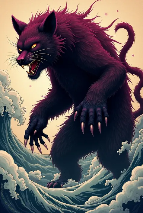 Ukiyo-e: dark magenta yōkai hybrid with the characteristics of a bobcat and black bear