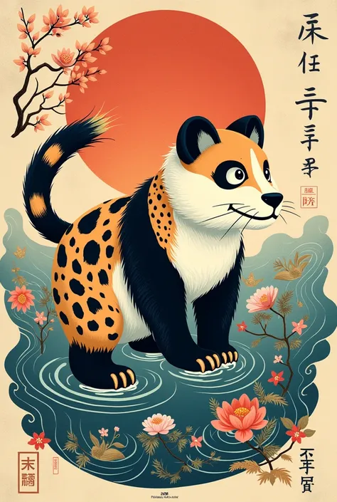 Ukiyo-e: cornflower blue yōkai hybrid with the characteristics of a ocelot and panda bear