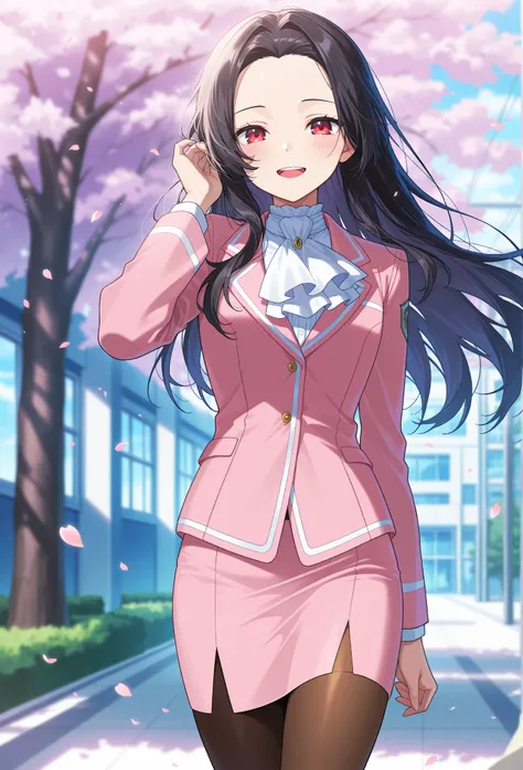 anime screencap, masterpiece, best quality,
1girl, solo, open mouth, smile, upper teeth only, blush,
long hair, black hair, hair intakes, forehead, red eyes,
SaegusaSuit, pink jacket, white ascot, long sleeves, pencil skirt, pink skirt, brown pantyhose,
ad...