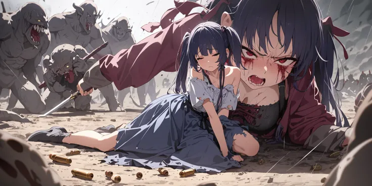  Sword Girl  ,  The girl with twin tails , red eyes,  dark blue hair ,whole bodyが見える, she's seriously injured  , A fight between a girl and a monster , A fierce battle between a girl and a monster , a monster catches her and lifts her , monsters grab her b...