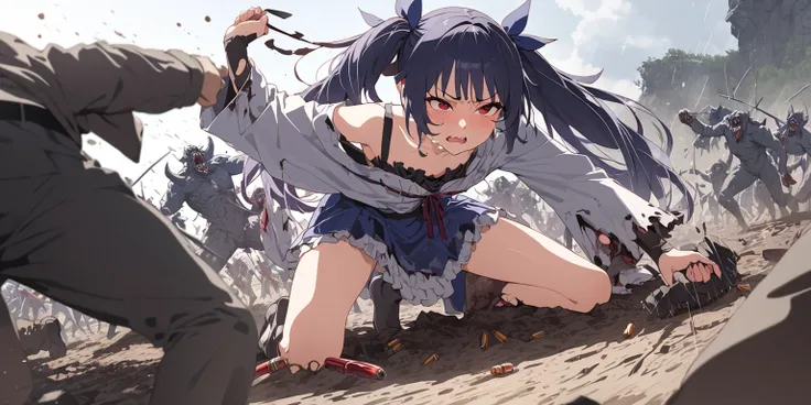  Sword Girl  ,  The girl with twin tails , red eyes,  dark blue hair ,whole bodyが見える, she's seriously injured  , A fight between a girl and a monster , A fierce battle between a girl and a monster , a monster catches her and lifts her , monsters grab her b...