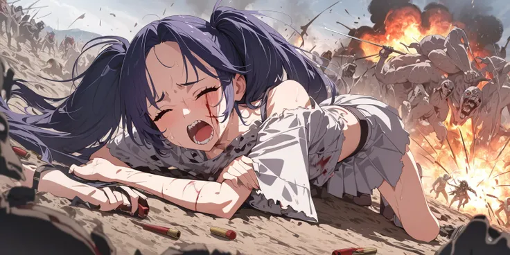  Sword Girl  ,  The girl with twin tails , red eyes,  dark blue hair ,whole bodyが見える, she's seriously injured  , A fight between a girl and a monster , A fierce battle between a girl and a monster , a monster catches her and lifts her , monsters grab her b...