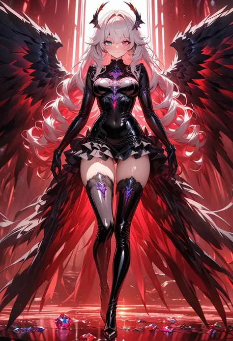 ultra detailed, absolutely resolution, masterpiece. 
various iridescent color effects. 
cool beauty black winged fallen angel, fluffy loose curls shining glossy silky ivory hair, captivating eyes, heterochromia, red crimson lewd lips, sexy beauty expressio...