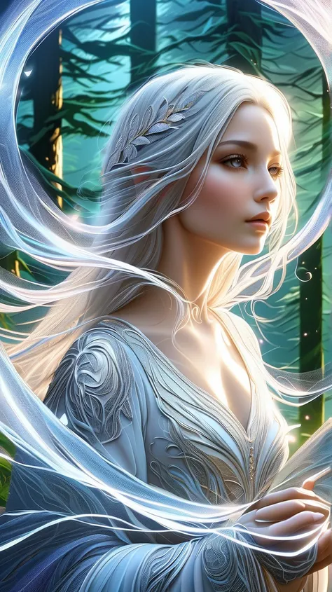 (  best quality,4K,8k,  high resolution,masterpiece:1.2),   More details, ( exist,photo exist,photo- exist:1.37),  magical forest  ,   wrapped in moonlight through her canopy  ,  The forest is standing  .   she's an elf magician  ,   her long silver hair  ...