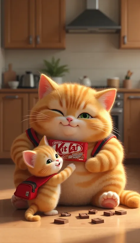 Create a hyper-realistic 4K image of two orange tabby cats in a cozy kitchen setting. The larger cat, representing the parent, should be sitting on the floor with a plump, round body and a gentle, happy expression, wearing a small backpack. It holds a KitK...